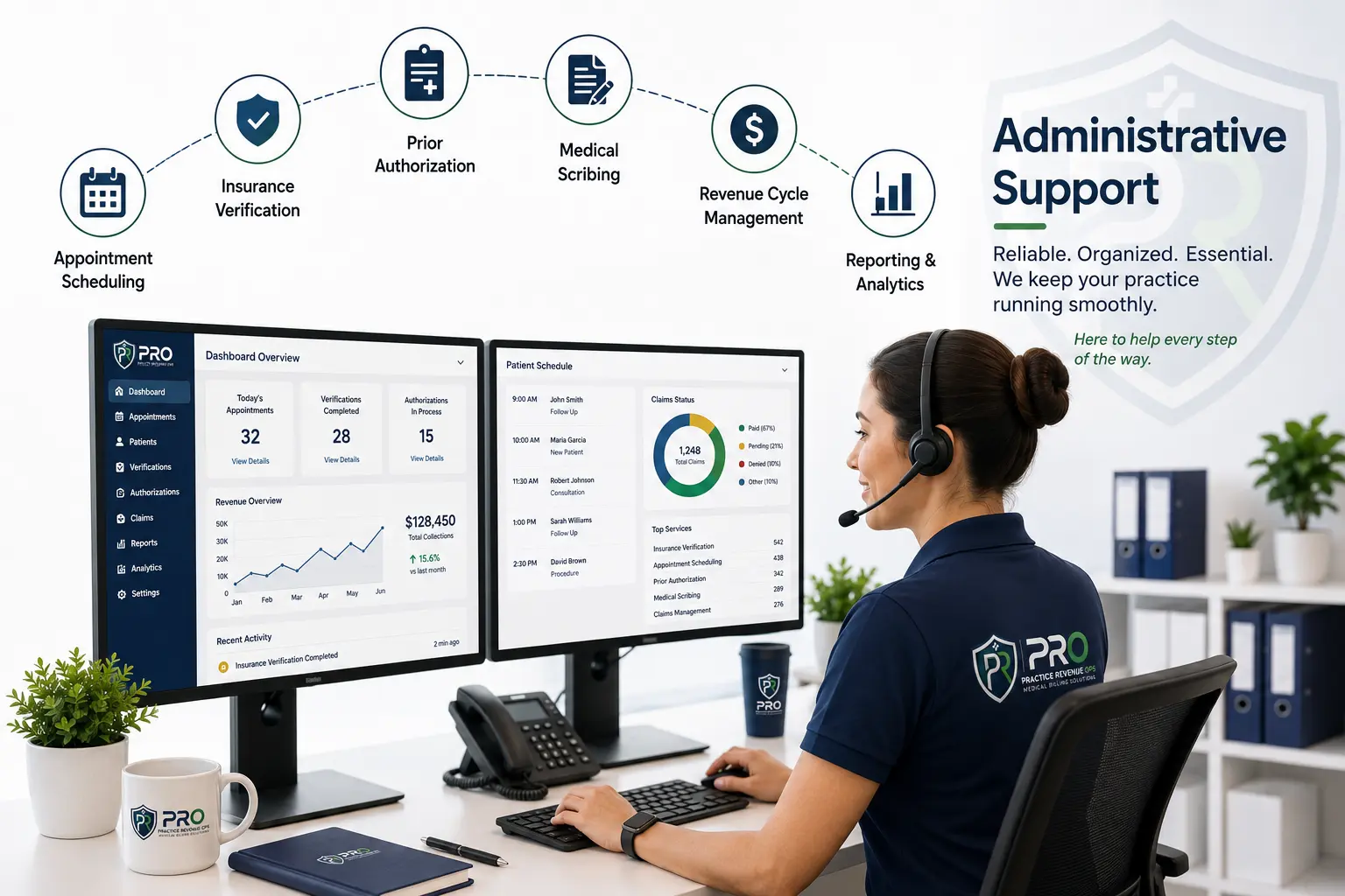 Illustration of healthcare administrative work and support workflows